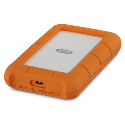 LaCie Robust ekstern harddisk 5TB, orange gummikant, hvid midte, USB-C port, "design by neil poulton", LaCie logo.