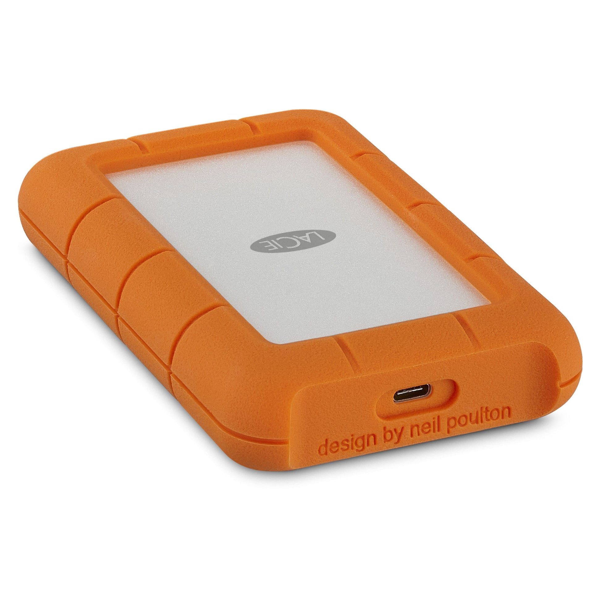 Lacie Robust ekstern harddisk 5 TB, orange gummikant, hvid midte, USB-C-port, "design by neil poulton"-gravering.