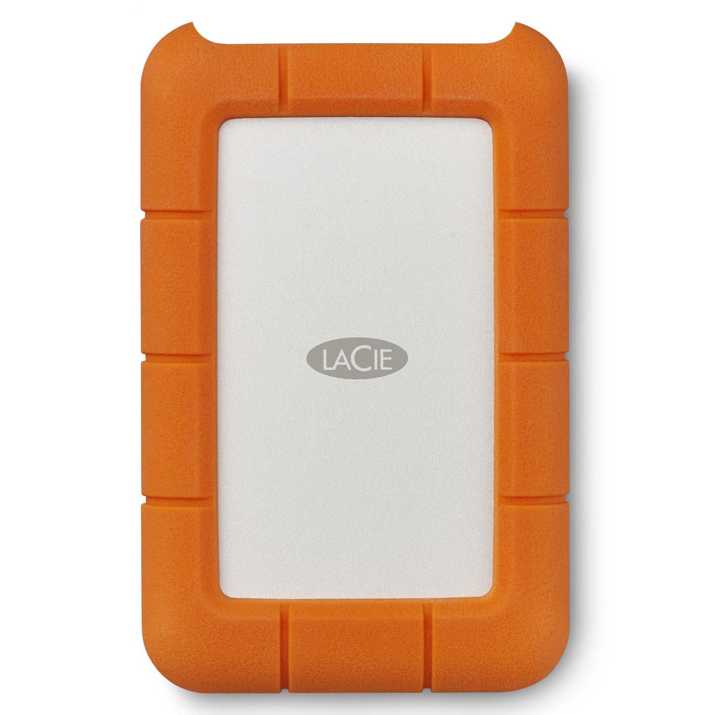 Lacie Robust ekstern harddisk 5TB sølv midte, orange gummikant, USB-C port.