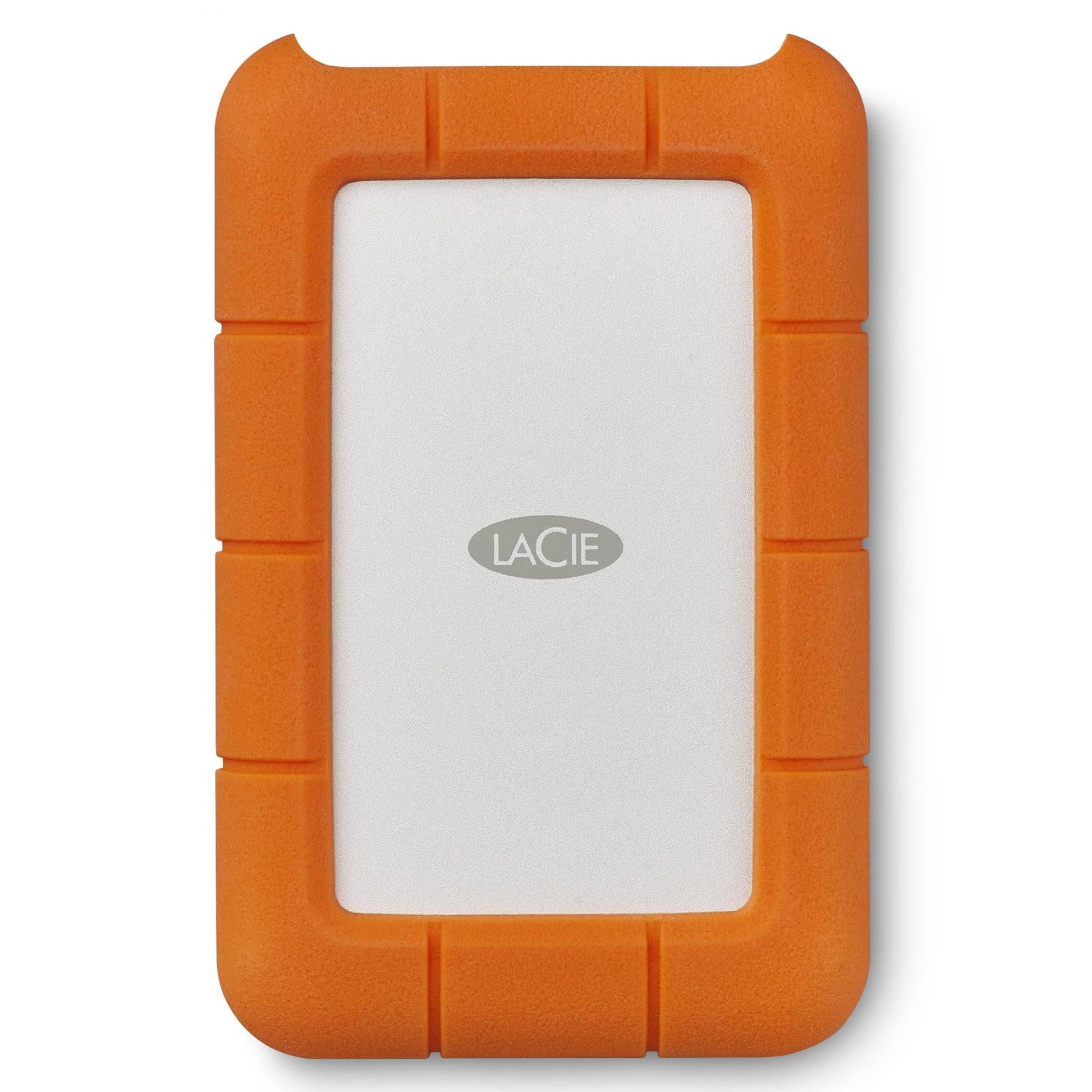 Lacie Robust ekstern harddisk 5TB sølv midte, orange gummikant, USB-C port.