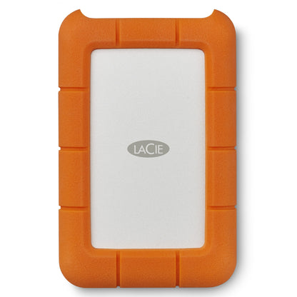 Lacie Robust ekstern harddisk 5TB sølv midte, orange gummikant, USB-C port.