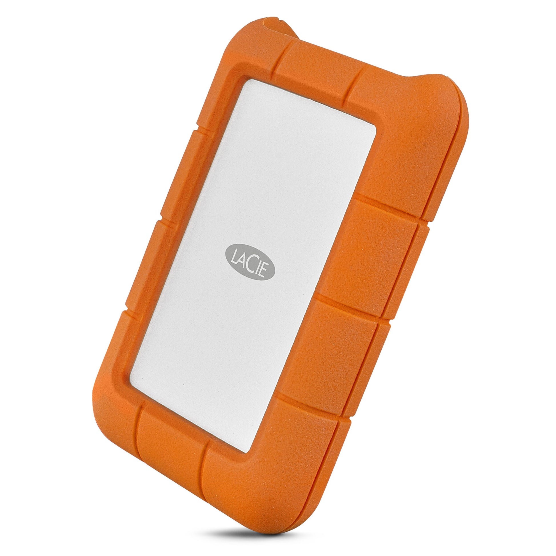 Lacie Robust ekstern harddisk 5 TB, hvid midte, orange gummikant, USB-C port, Lacie logo synligt.