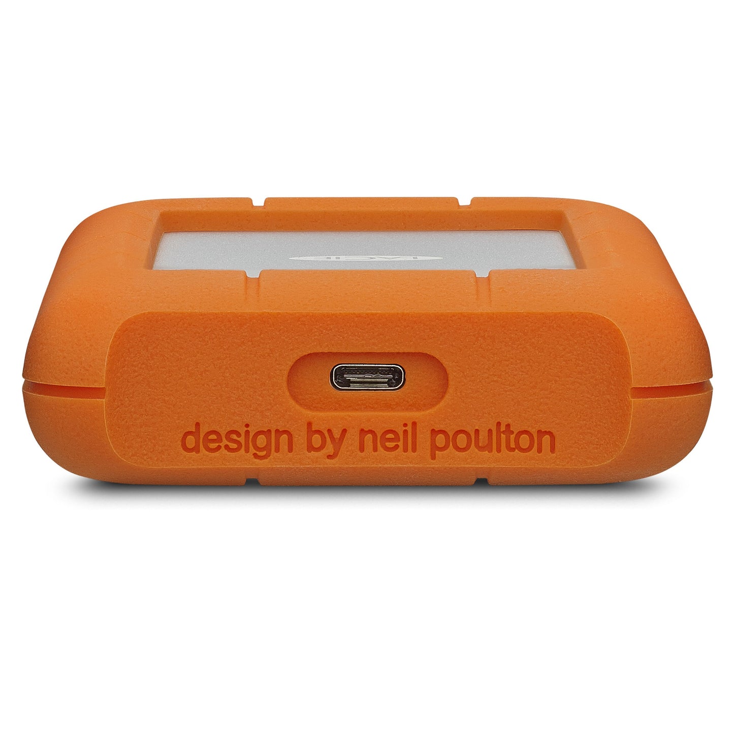 Lacie Robust ekstern harddisk 5 TB orange gummikant, sølv midte, USB-C port, "design by neil poulton" ved port.