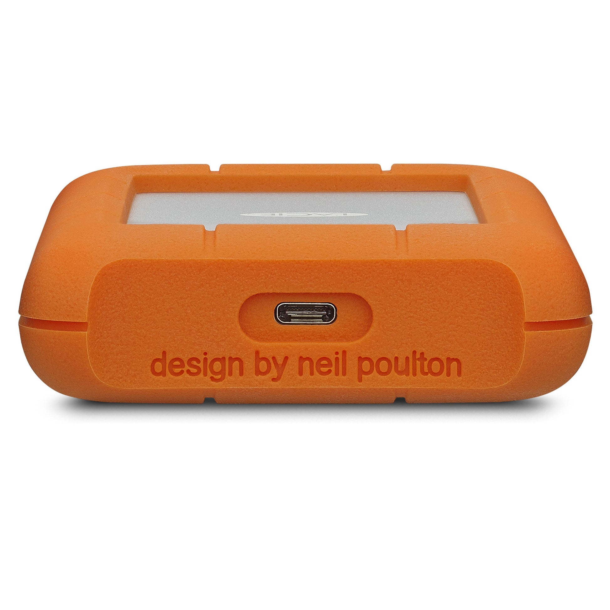 Lacie Robust ekstern harddisk 5 TB orange gummikant, sølv midte, USB-C port, "design by neil poulton" ved port.