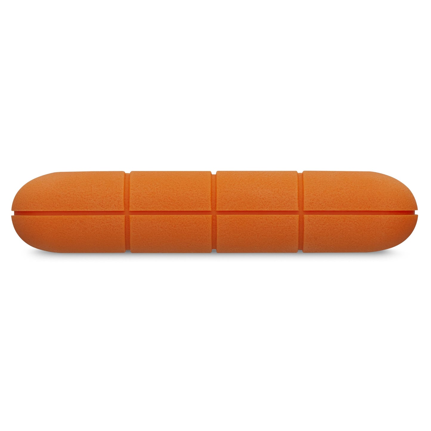Orange foam roller med afrundede ender og fire jævnt fordelte riller, inspireret af Lacie Robust ekstern harddisk 5TB.