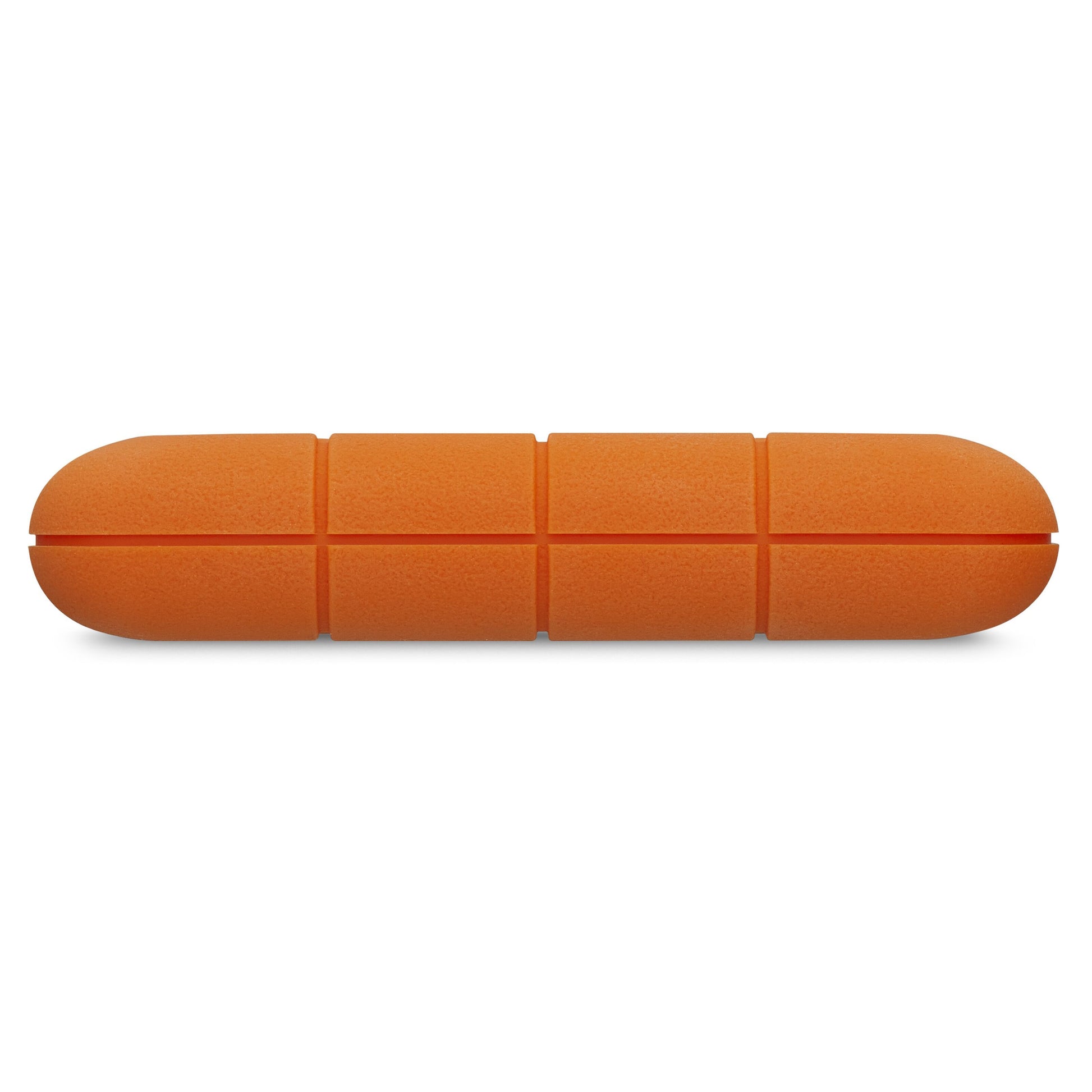Orange foam roller med afrundede ender og fire jævnt fordelte riller, inspireret af Lacie Robust ekstern harddisk 5TB.