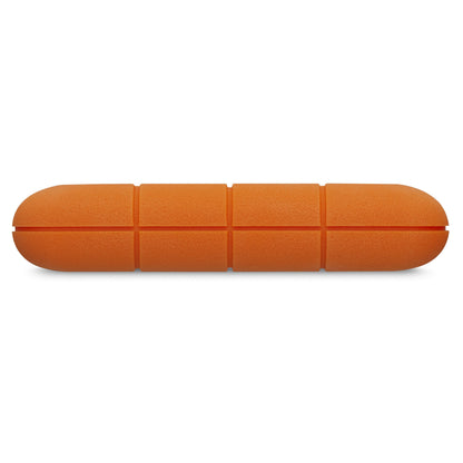Orange foam roller med afrundede ender og fire jævnt fordelte riller, inspireret af Lacie Robust ekstern harddisk 5TB.