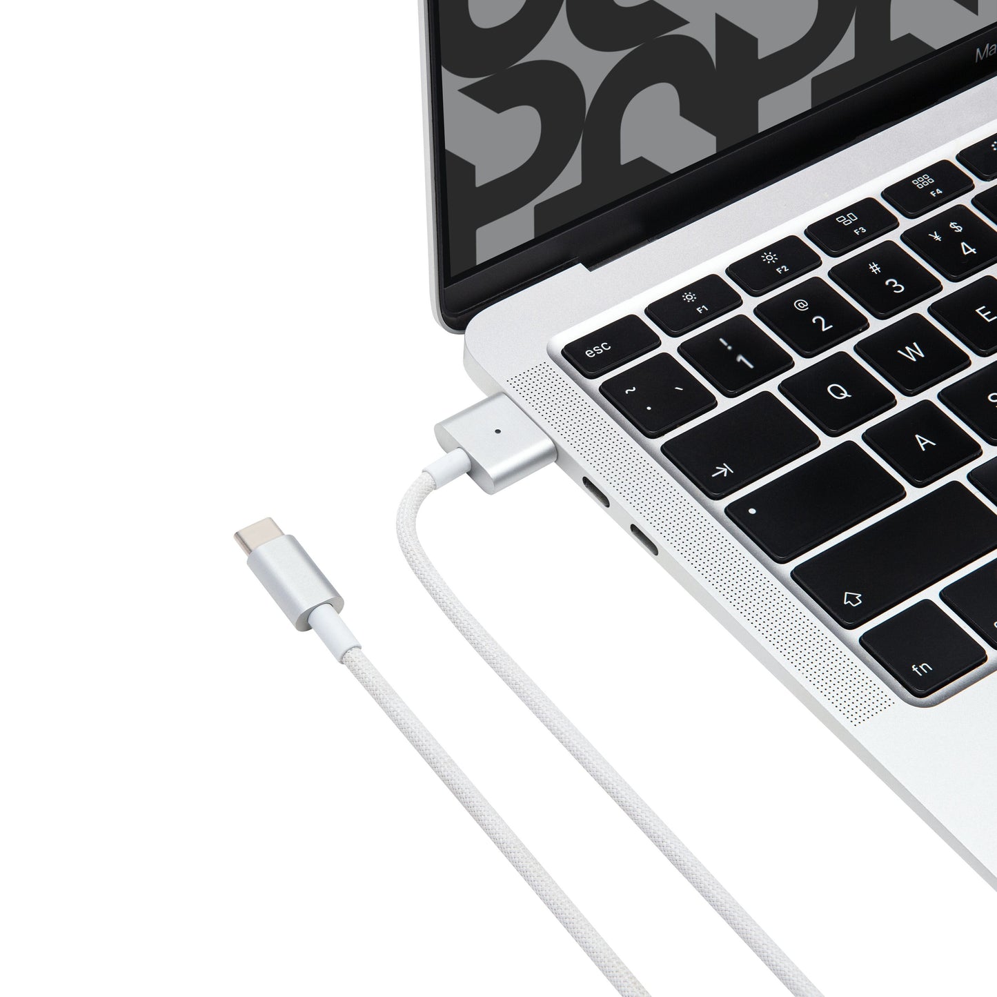 Plexgear USB-C til MagSafe 3-kabel 2 m, flettet, tilsluttet laptop, USB-C stik i den anden ende.