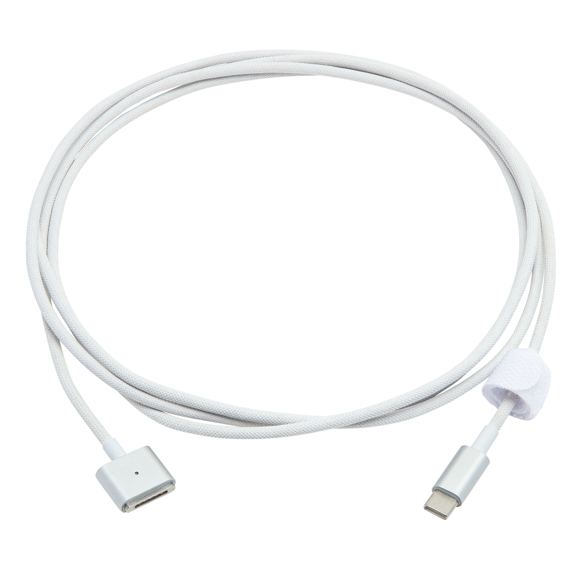USB-C til MagSafe 3 kabel 2 m, hvid flettet, med USB-C stik, magnetisk MagSafe 3 ende og velcrostrop.
