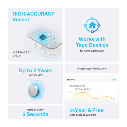 TP-Link Tapo T310 smart termometer og hygrometer, høj præcision, 2 års batteritid, 2 sek opdatering, hvid.