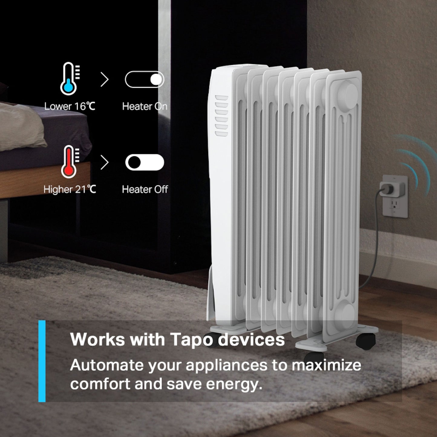 TP-Link Tapo T310 Smart Thermometer og Hygrometer med temperaturoversigt, viser tekst: Fungerer med Tapo-enheder og H200 Hub.