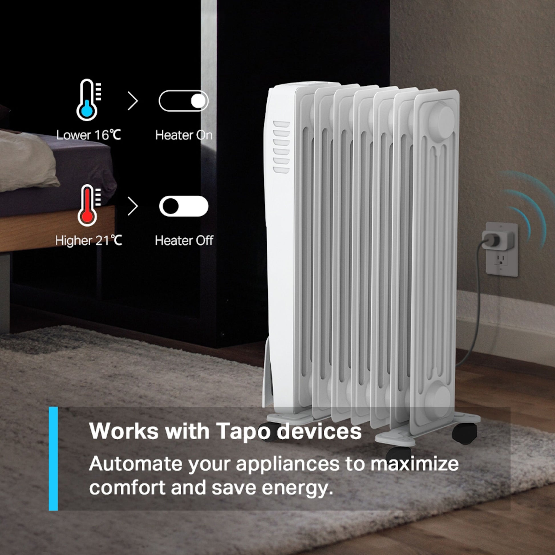 TP-Link Tapo T310 Smart Thermometer og Hygrometer med temperaturoversigt, viser tekst: Fungerer med Tapo-enheder og H200 Hub.