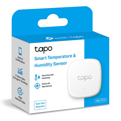 TP-Link Tapo T310 smart termometer og hygrometer i æske, med ikoner til H200 hub-support, alarmer, lokal lagring, opdateringsfrekvens.