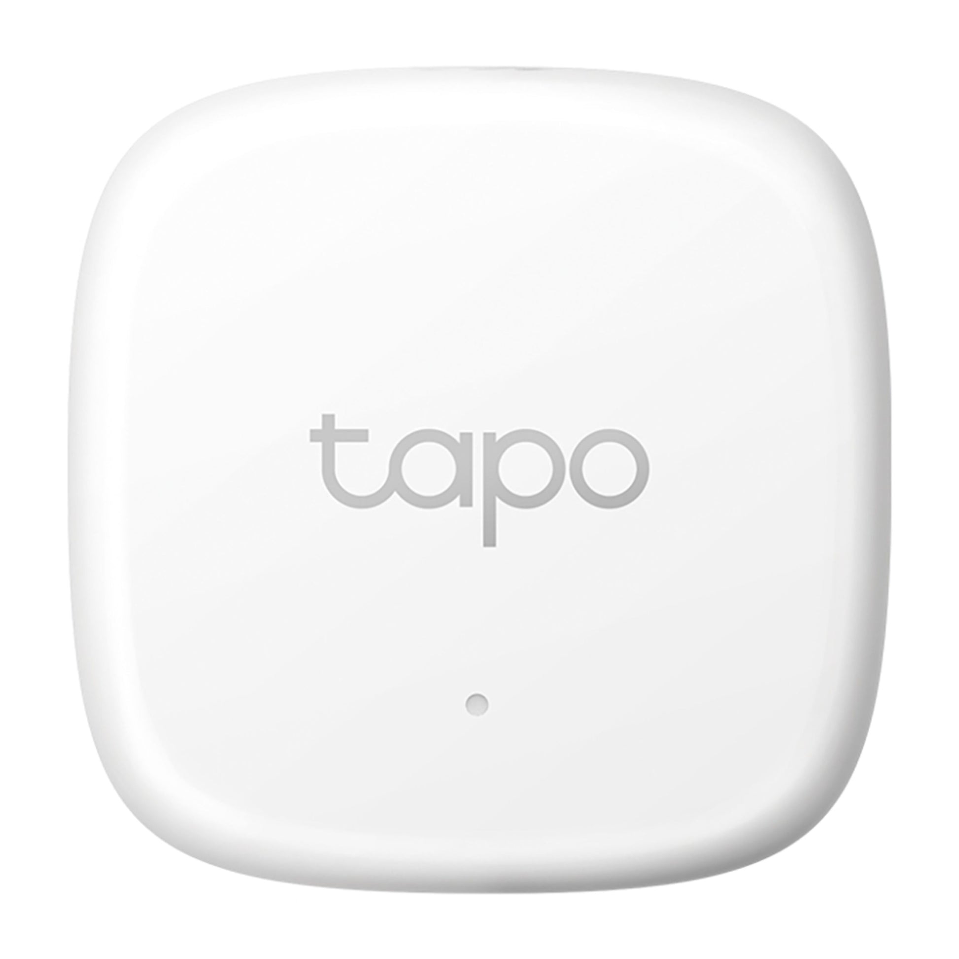 Tapo T310 smart termometer og hygrometer, hvid firkant med runde hjørner, grå tapo-logo og lille indikatorlys.