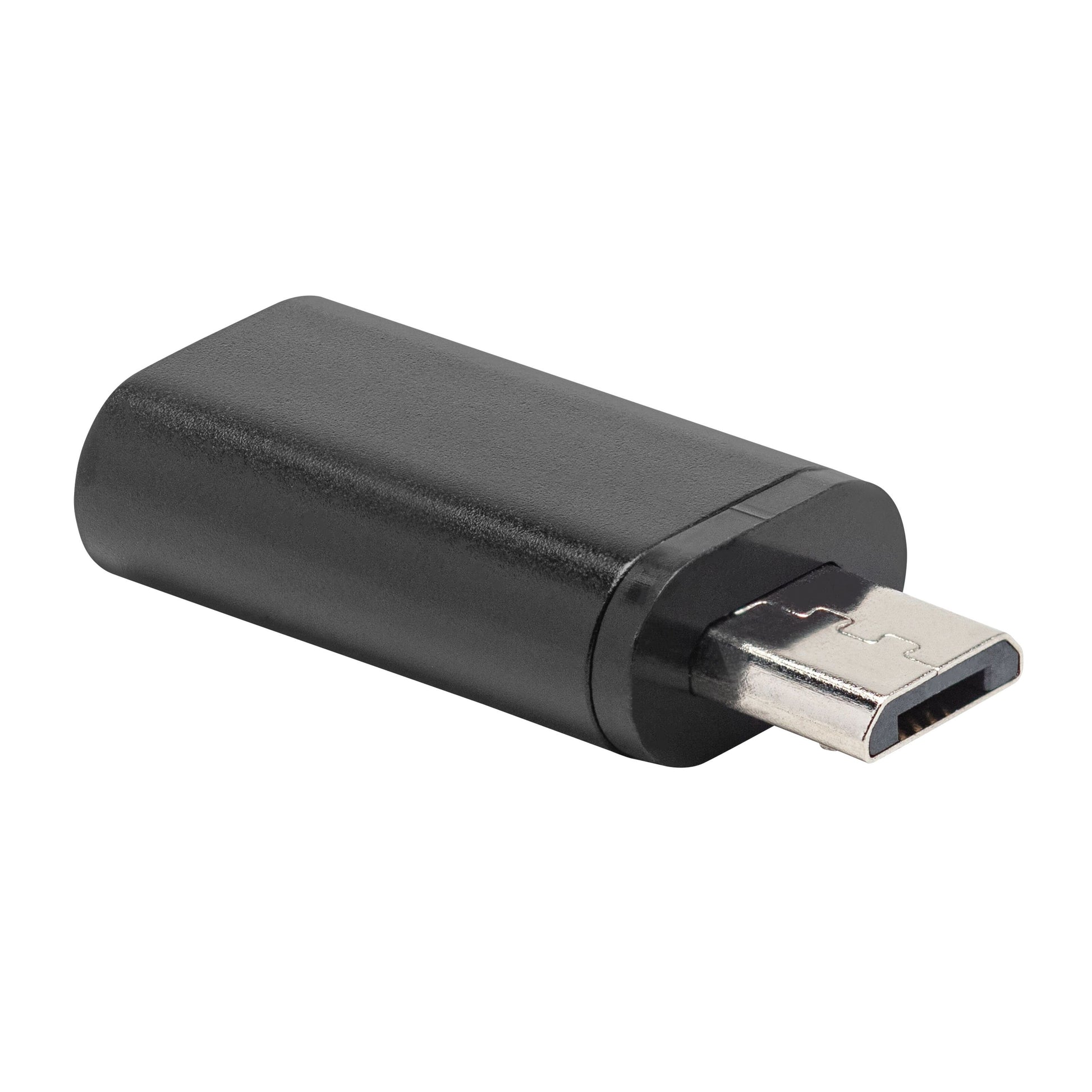 Plexgear USB-C til Micro-USB-adapter, sort, kompakt design med USB-C og Micro-USB-stik.