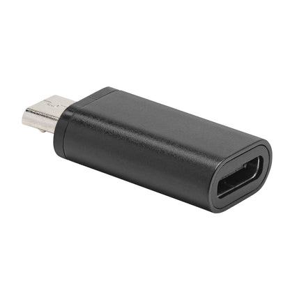 Adapter USB-C til Micro-USB sort, metal micro-USB hanstik og USB-C hunport til opladning og dataoverførsel.