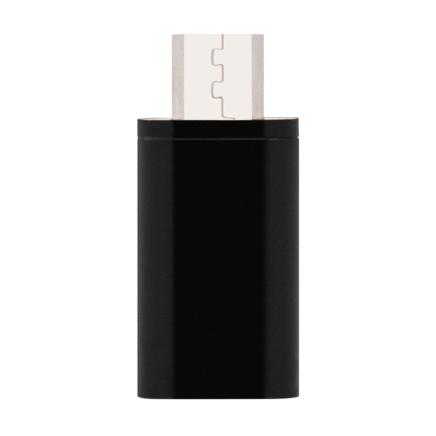 Adapter USB-C til Micro-USB, sort cylinderformet, metalkontakt øverst, til opladning og dataoverførsel.