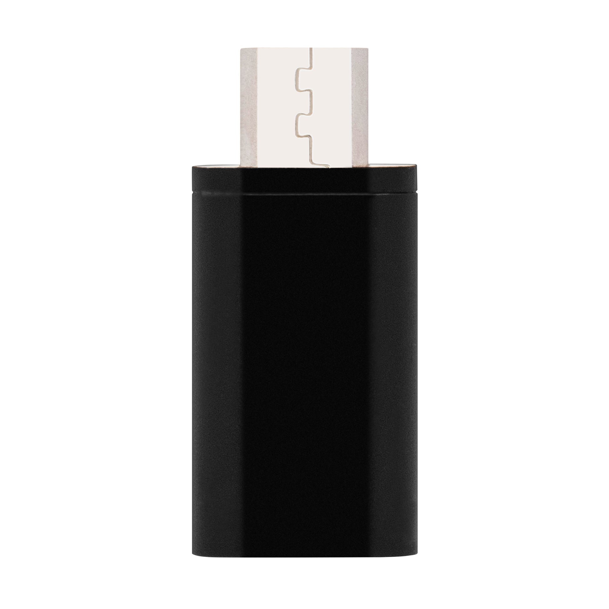 Adapter USB-C til Micro-USB, sort cylinderformet, metalkontakt øverst, til opladning og dataoverførsel.