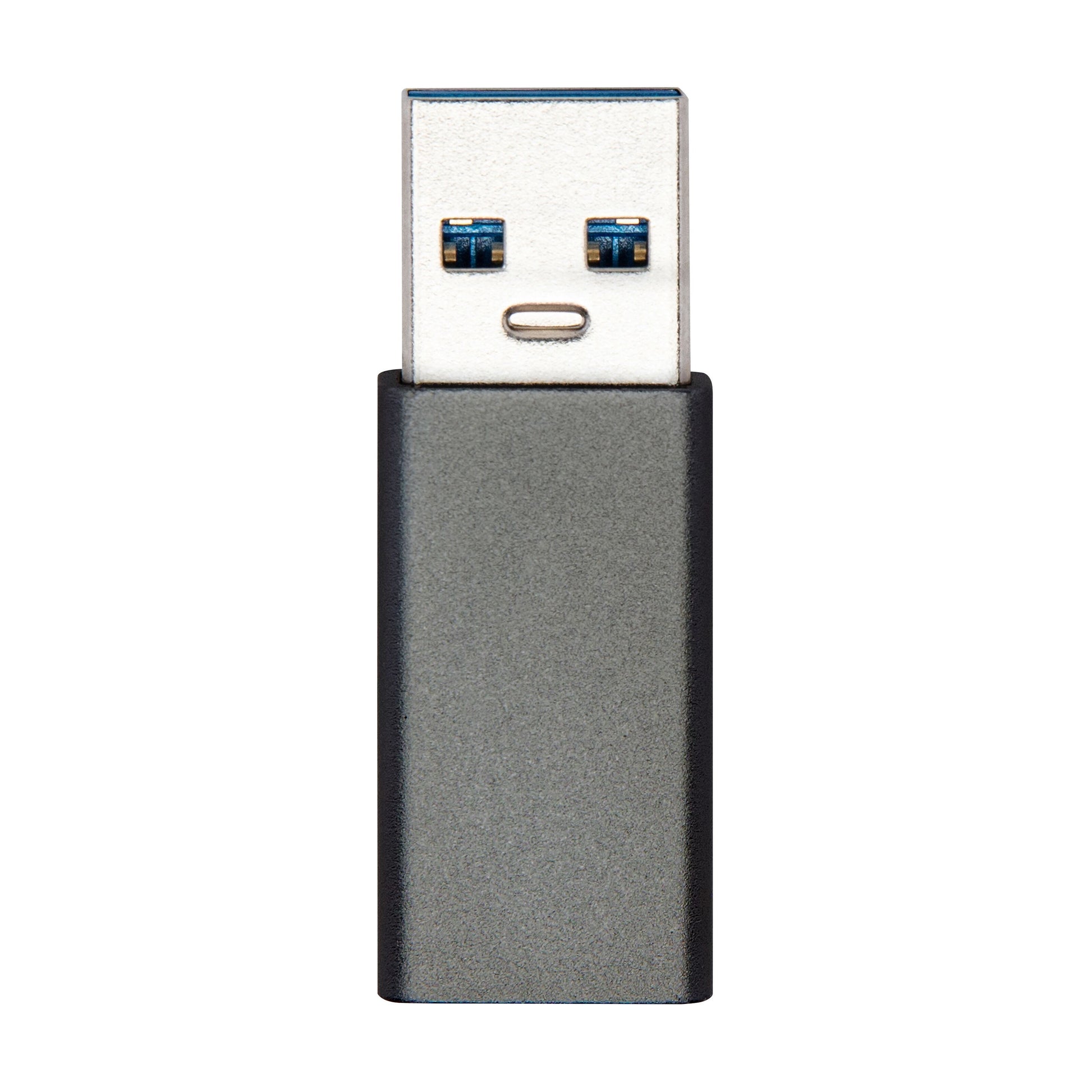 Plexgear Adapter USB-A til USB-C, metallic kabinet, synlig USB-stikdetalje.
