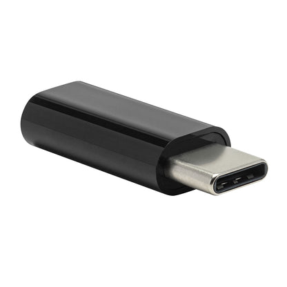 Plexgear Adapter Micro-USB til USB-C sort, metalstik delvist i rektangulært plastkabinet, til opladning og data.