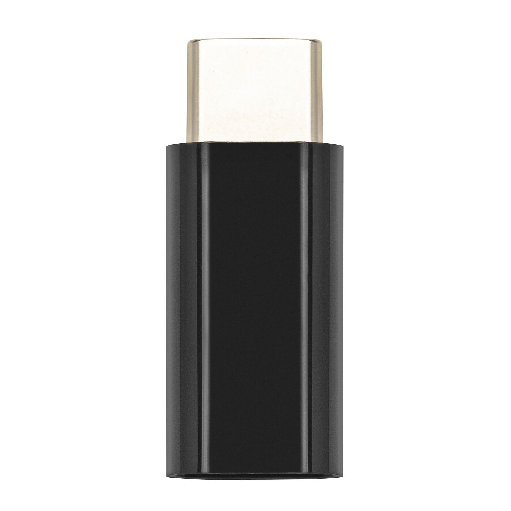 Plexgear Adapter Micro-USB til USB-C, sort rektangulær med metallisk stik, til opladning og dataoverførsel.