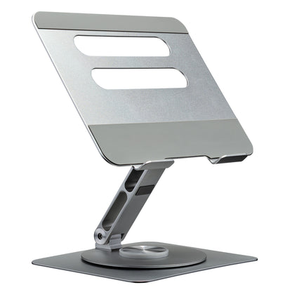 Plexgear Foldbart laptopstativ med bred base, ventilationsslidser, 360° rotation og skrå flade til laptop eller tablet.