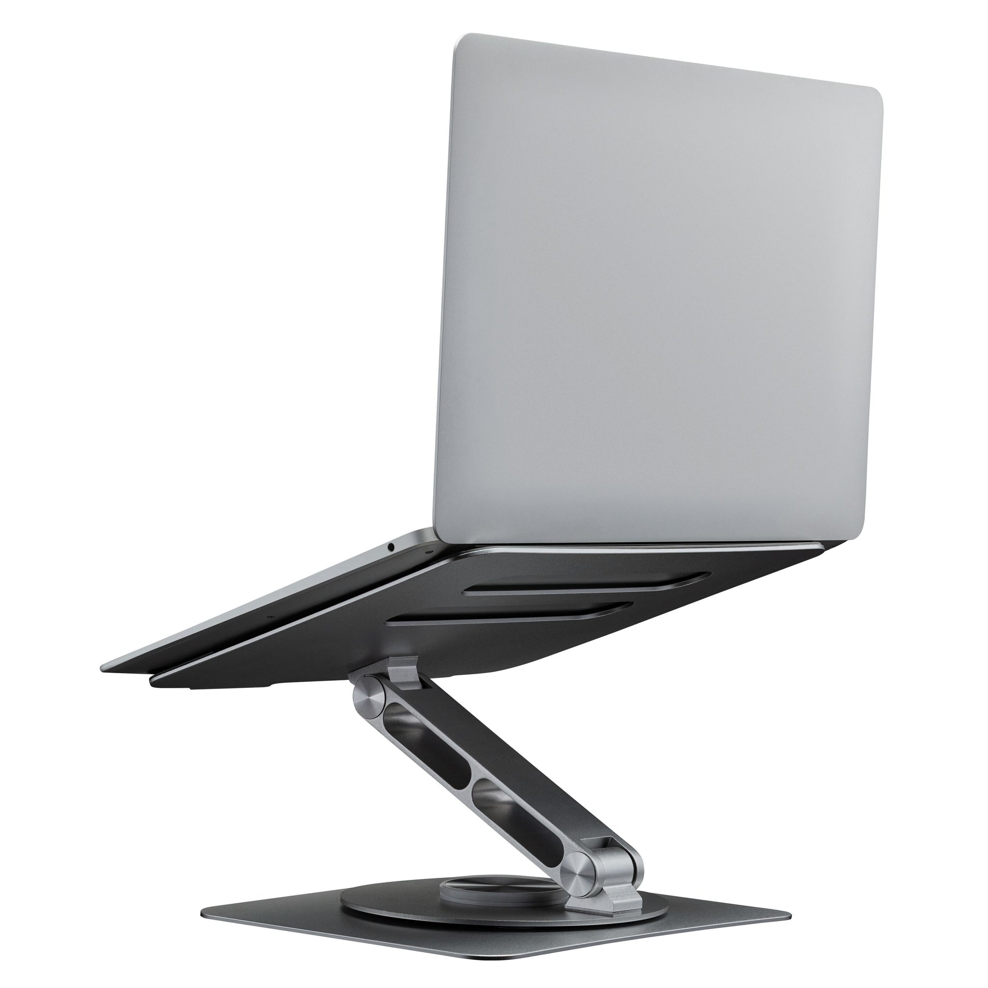 Sølvfarvet laptop på Plexgear Foldbart laptopstativ med 360° rotation, justerbar højde over fladen.