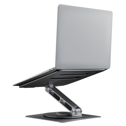 Sølvfarvet laptop på Plexgear Foldbart laptopstativ med 360° rotation, justerbar højde over fladen.