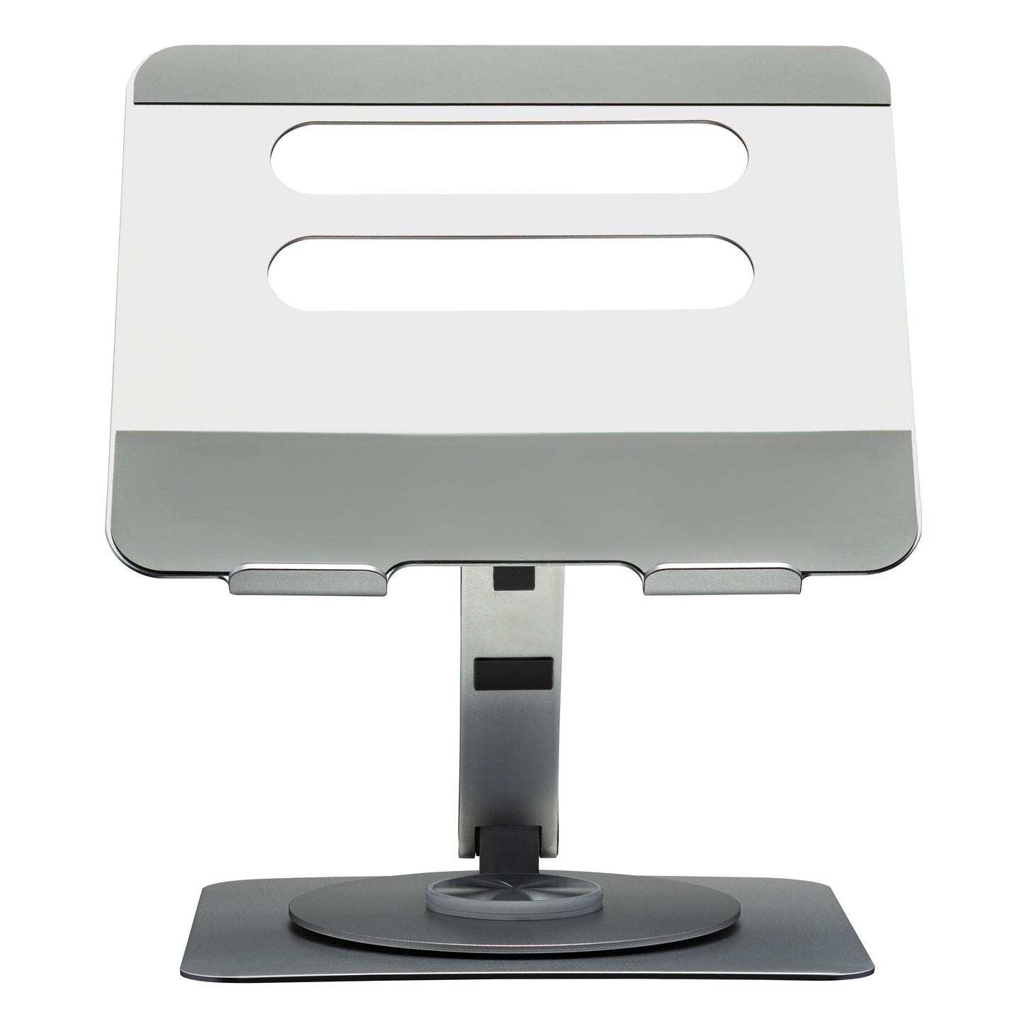 Plexgear Foldbart laptopstativ sølv/grå, to vandrette ventilationsslidser, 360° rotation, bred stabil base.