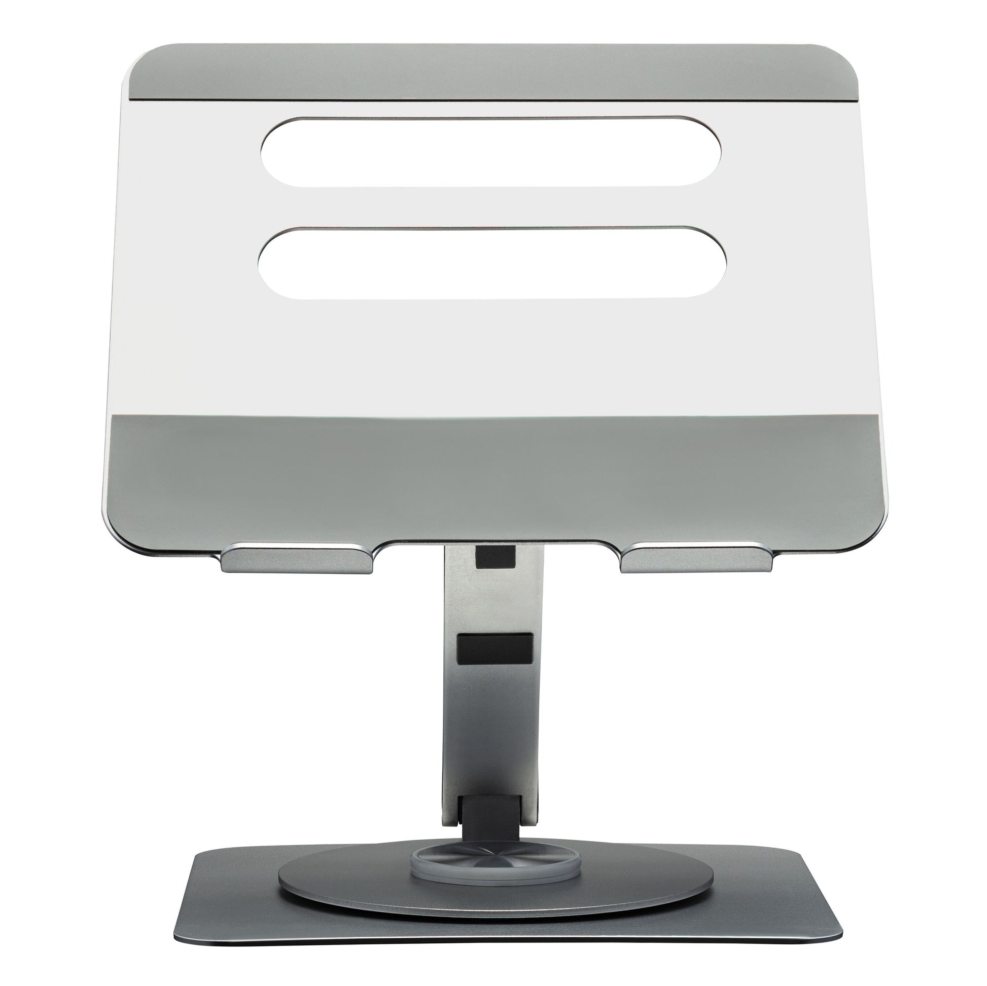Plexgear Foldbart laptopstativ sølv/grå, to vandrette ventilationsslidser, 360° rotation, bred stabil base.
