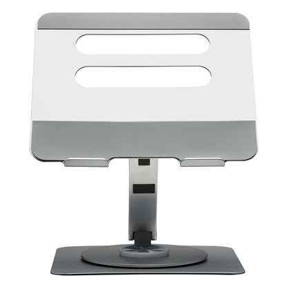 Plexgear Foldbart laptopstativ sølv/grå, to vandrette ventilationsslidser, 360° rotation, bred stabil base.