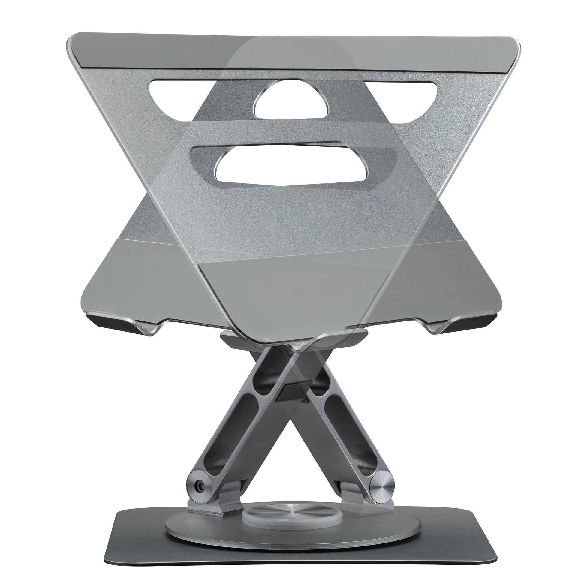 Plexgear Foldbart laptopstativ i metal med vinklede former, udskæringer, justerbare led, 360° rotation og flad base.