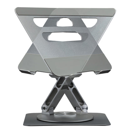 Plexgear Foldbart laptopstativ i metal med vinklede former, udskæringer, justerbare led, 360° rotation og flad base.