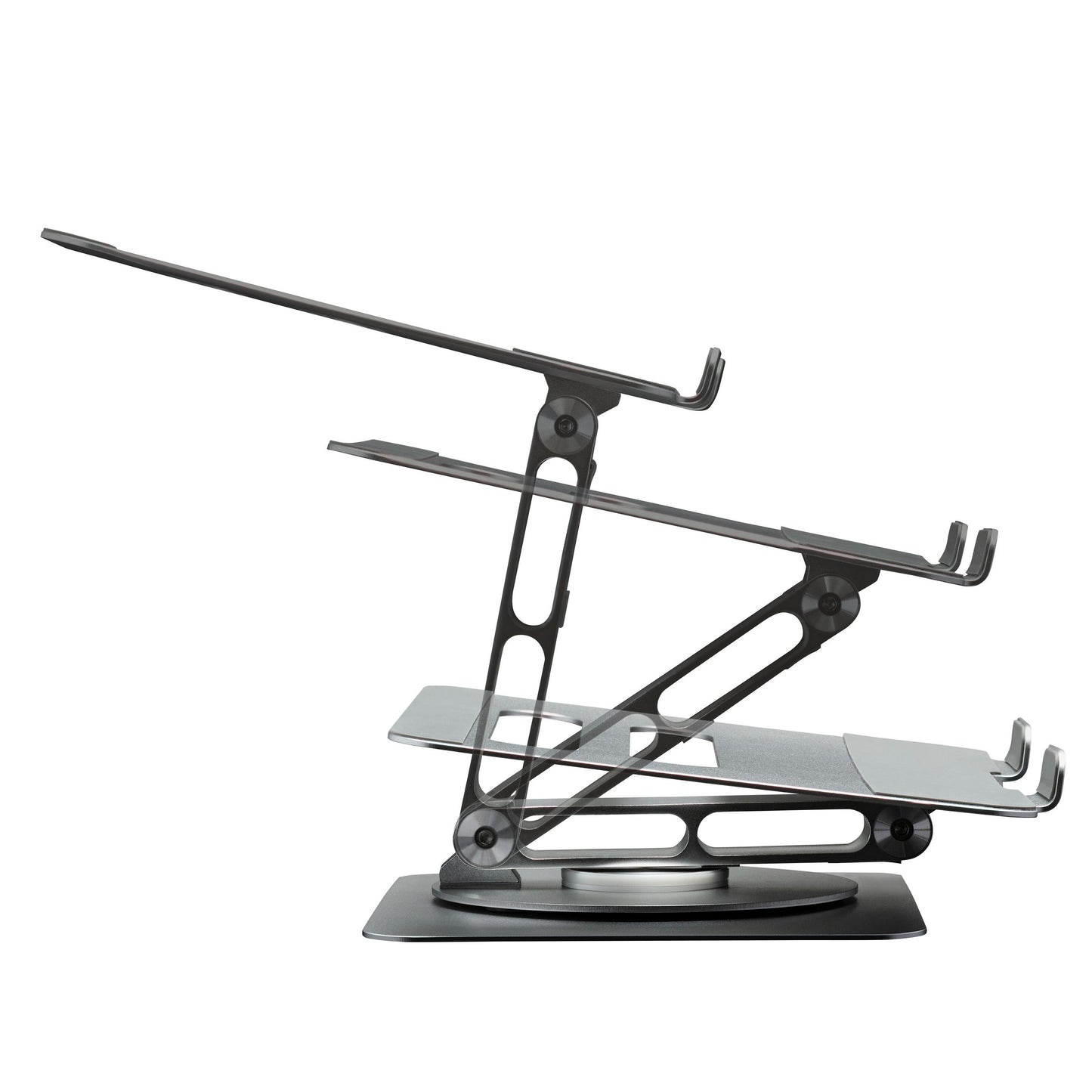 Foldbart laptopstativ, tre højdeindstillinger, fleksibelt og roterbart 360°, sort design.