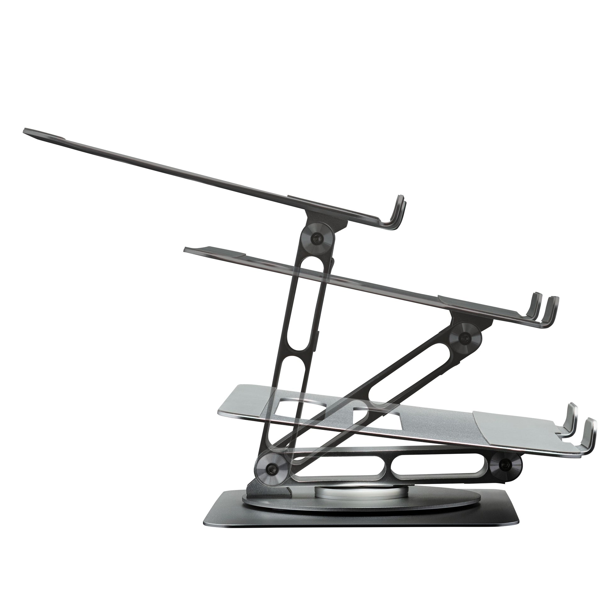 Foldbart laptopstativ, tre højdeindstillinger, fleksibelt og roterbart 360°, sort design.