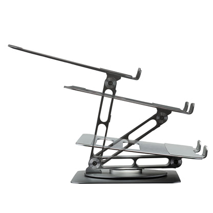 Foldbart laptopstativ, tre højdeindstillinger, fleksibelt og roterbart 360°, sort design.
