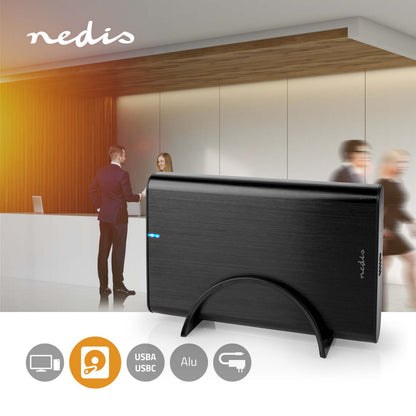 Nedis harddiskkabinet 3,5" USB-C 3.2 Gen 1 sort, hurtig dataoverførsel, synlig ved moderne kontorreception.