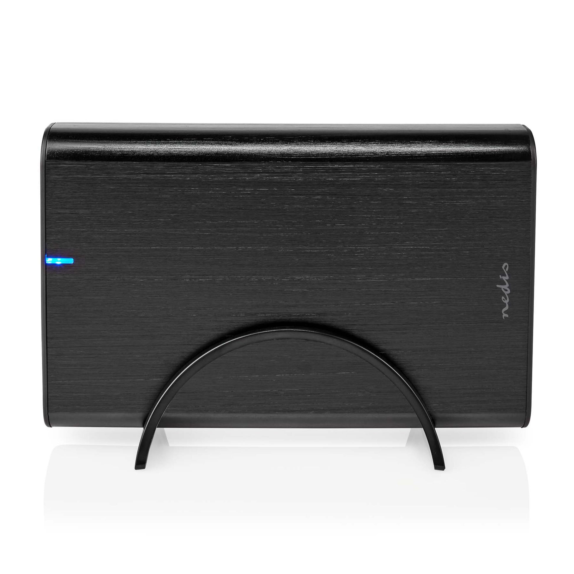 Nedis harddiskkabinet 3,5" USB-C 3.2 Gen 1 sort, børstet finish, buet stander, blå LED venstre, Nedis-logo højre.