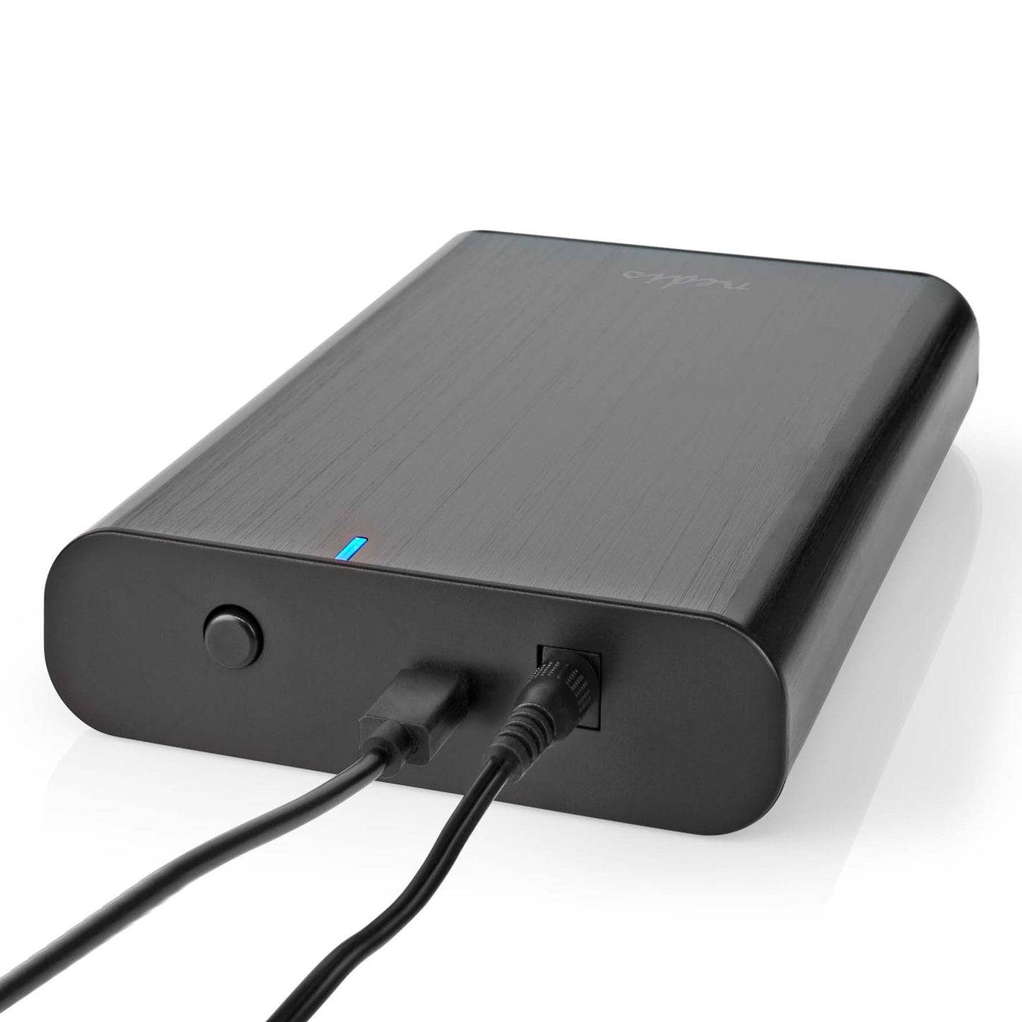Nedis harddiskkabinet 3,5" USB-C 3.2 Gen 1 sort til SATA med børstet finish, to frontkabler, power-knap og blå LED.