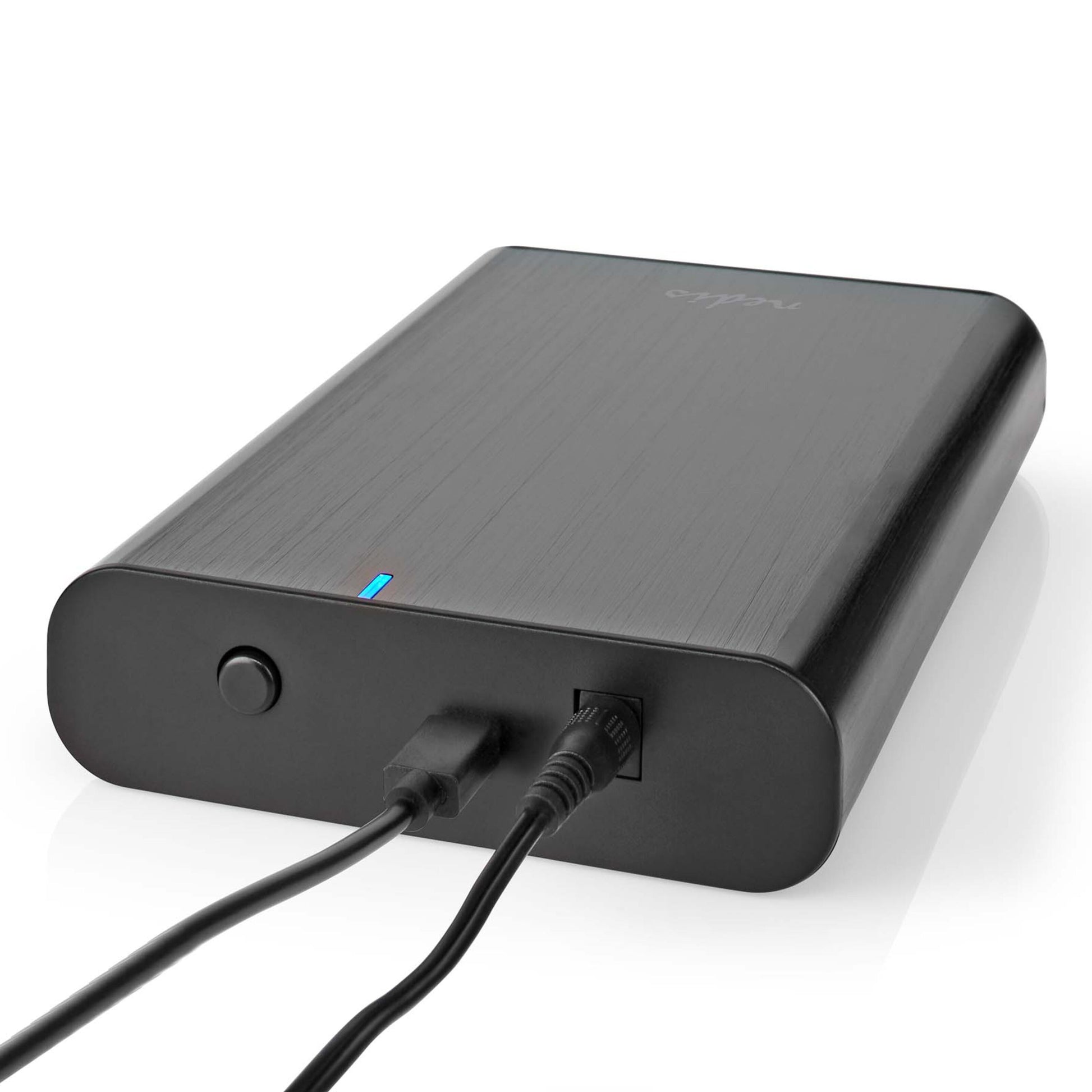 Nedis harddiskkabinet 3,5" USB-C 3.2 Gen 1 sort til SATA med børstet finish, to frontkabler, power-knap og blå LED.