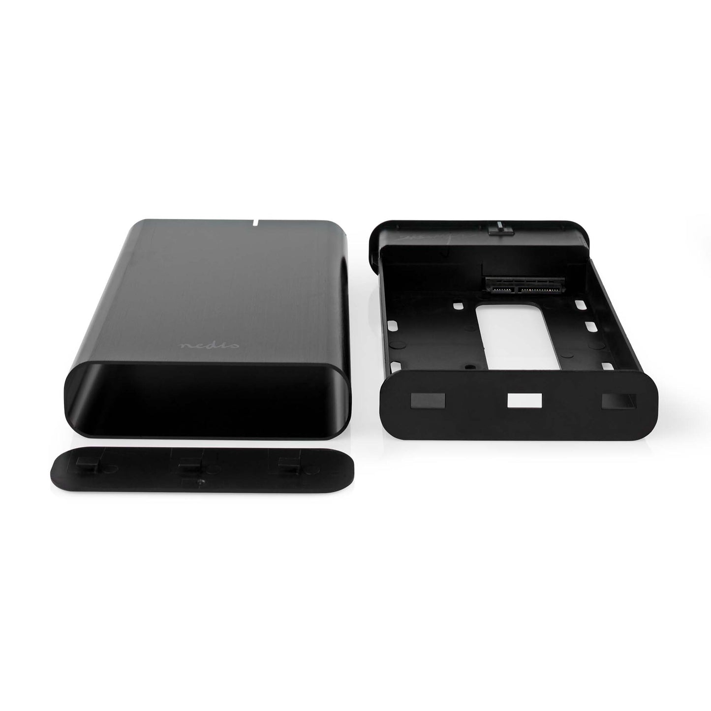 Nedis harddiskkabinet 3,5" USB-C 3.2 Gen 1 adskilt med sort rektangulært kabinet, bund med monteringsslids og aftagelig panel.