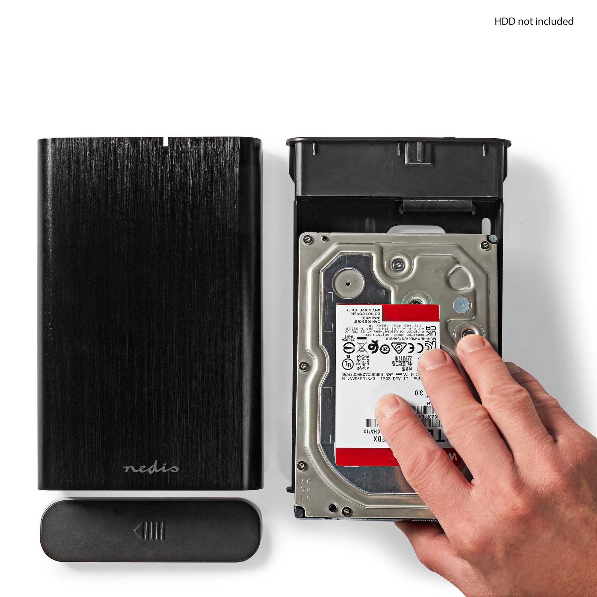 Nedis Harddiskkabinet 3,5" USB-C 3.2 Gen 1 til SATA HDD, kabinet og tilbehør ved siden af, tekst "HDD ikke inkluderet.
