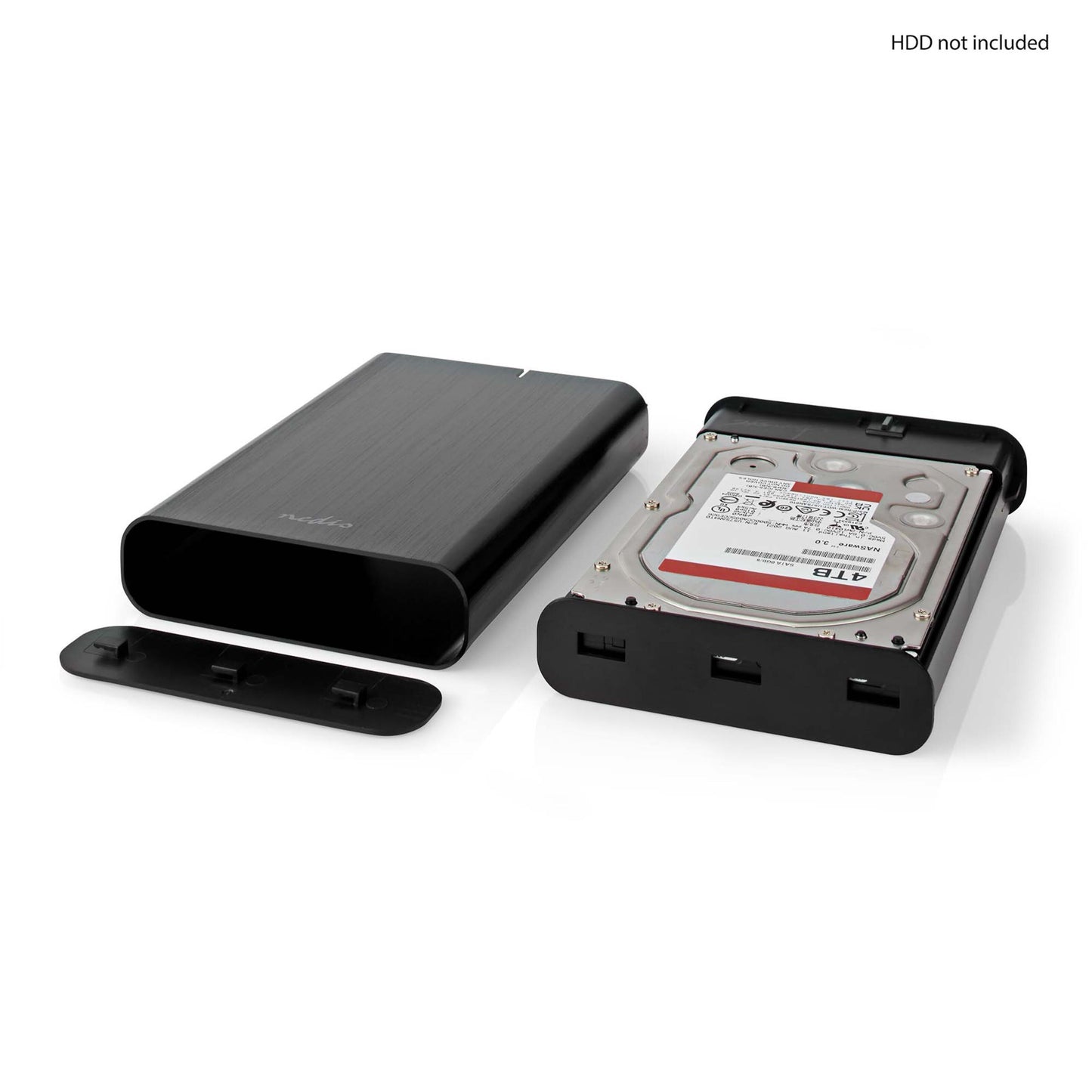 Harddiskkabinet 3,5" USB-C 3.2 Gen 1 sort, åben med 4TB 3,5" SATA harddisk indsat, låg placeret til venstre.