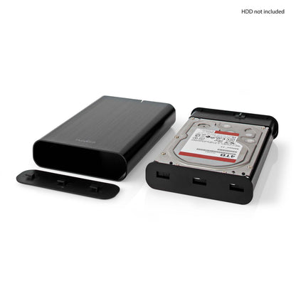 Harddiskkabinet 3,5" USB-C 3.2 Gen 1 sort, åben med 4TB 3,5" SATA harddisk indsat, låg placeret til venstre.