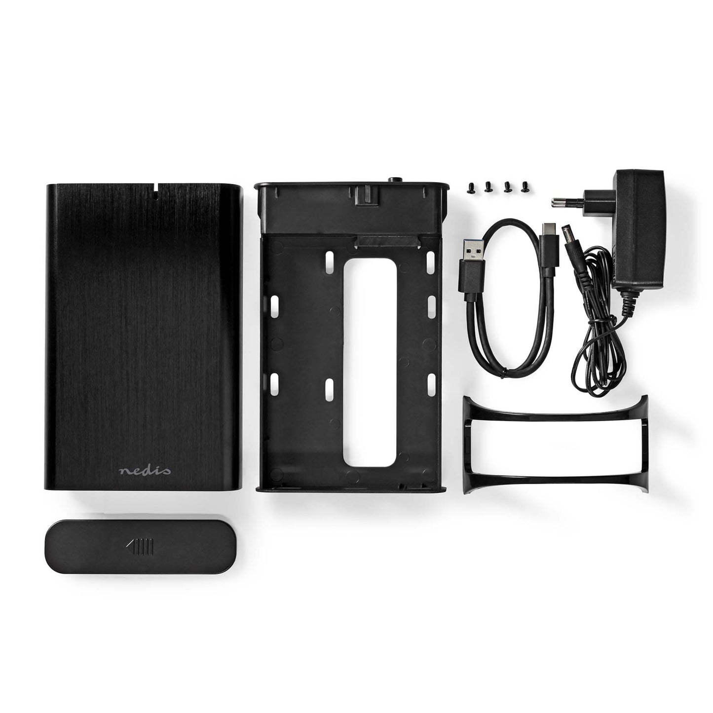 Nedis 3,5" harddiskkabinet USB-C 3.2 Gen 1, sort metal, plastbeslag, skruer, USB-kabel, strømforsyning, endestykke, stander.