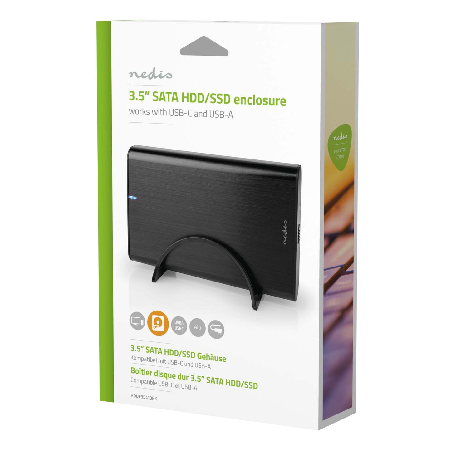 Nedis Harddiskkabinet 3,5" USB-C 3.2 Gen1 på retail-æske, sort opret kabinet på lille fod, SATA og USB-A kompatibel.