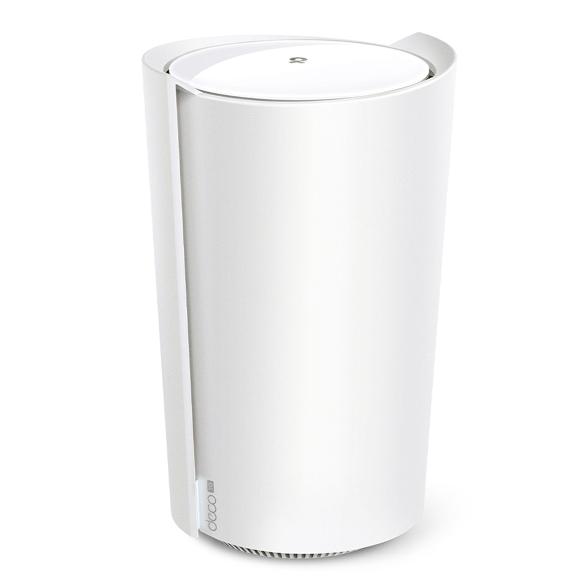 TP-Link Deco X50 5G-router, 3000 Mb/s, Wifi 6, mesh, hvid cylinder med Deco-logo nederst foran.