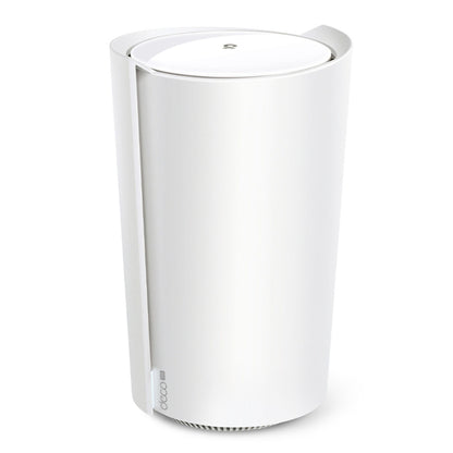 TP-Link Deco X50 5G-router, 3000 Mb/s, Wifi 6, mesh, hvid cylinder med Deco-logo nederst foran.