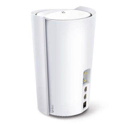 TP-Link Deco X50 5G-router, cylindrisk, mesh, top power-knap, WiFi 6, ventilation, Ethernet og antenneporte bagpå.