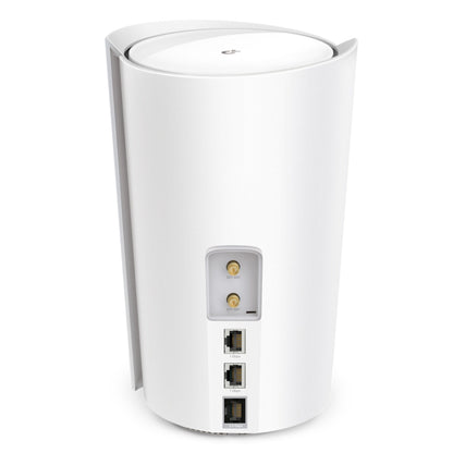 TP-Link Deco X50 hvid 5G-router 3000 Mb/s, WiFi 6, to antenneporte, tre Ethernet-porte, strømindgang bagpå.
